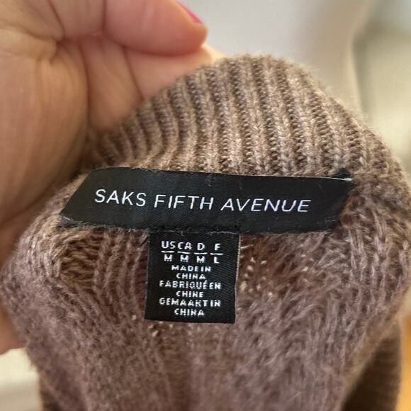 Saks Fifth Ave Brown Cableknit Wool Cashmere Blend Long Sleeve Sweater Dress - Picture 3 of 6